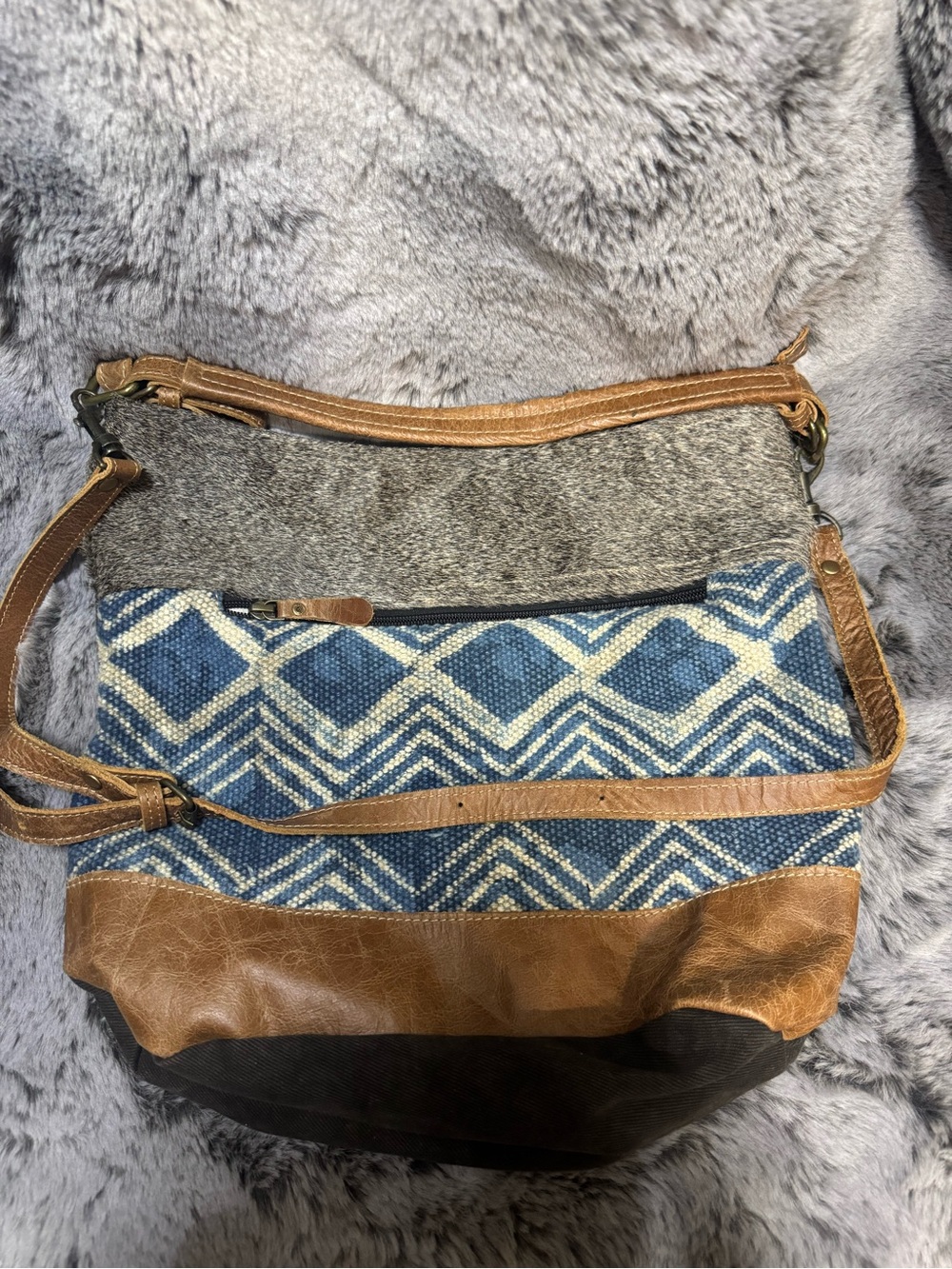 Myra Bag Blue Patterned Shoulder Bag with Tan Trim